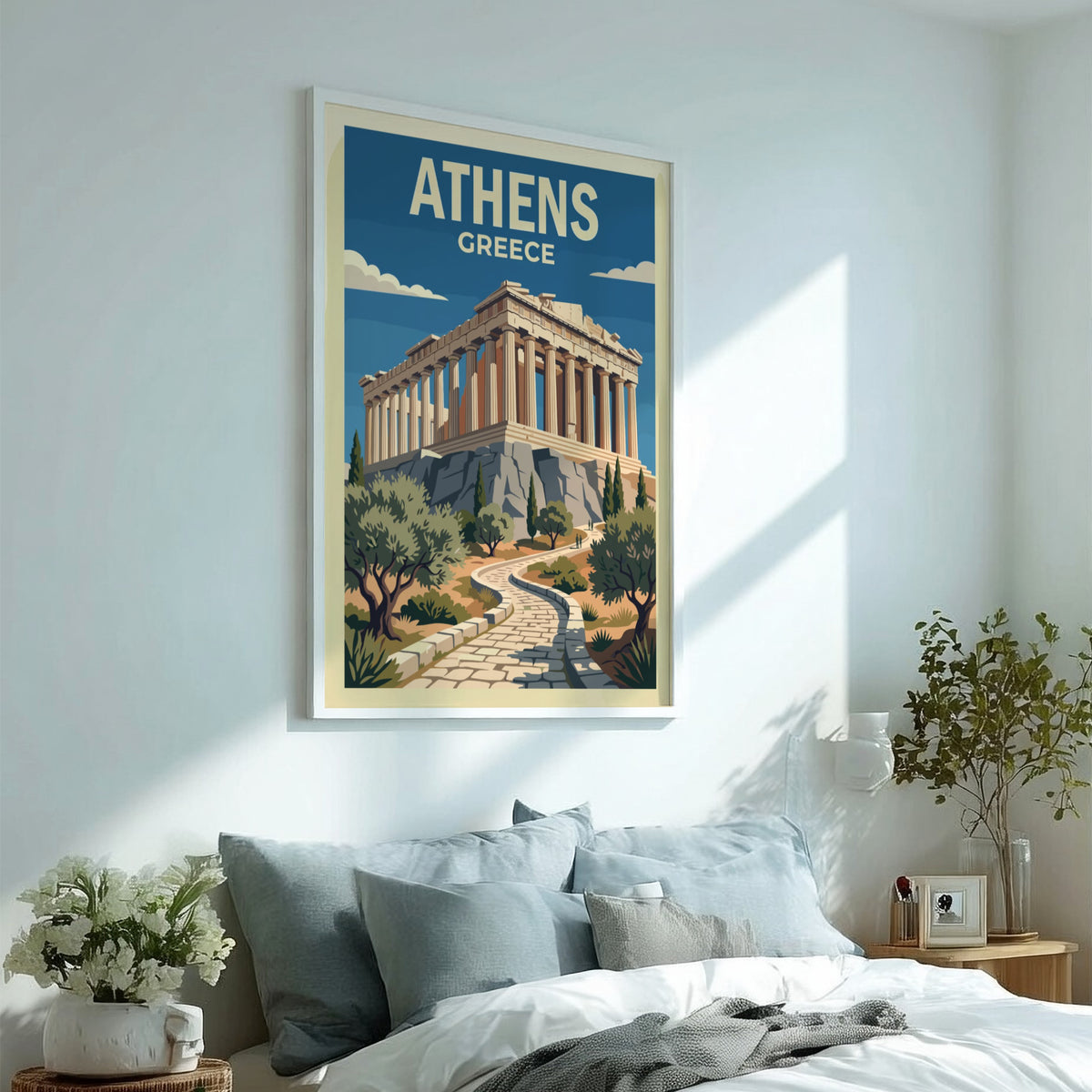 Travel poster of the Parthenon in Athens featuring stone columns and olive trees.
