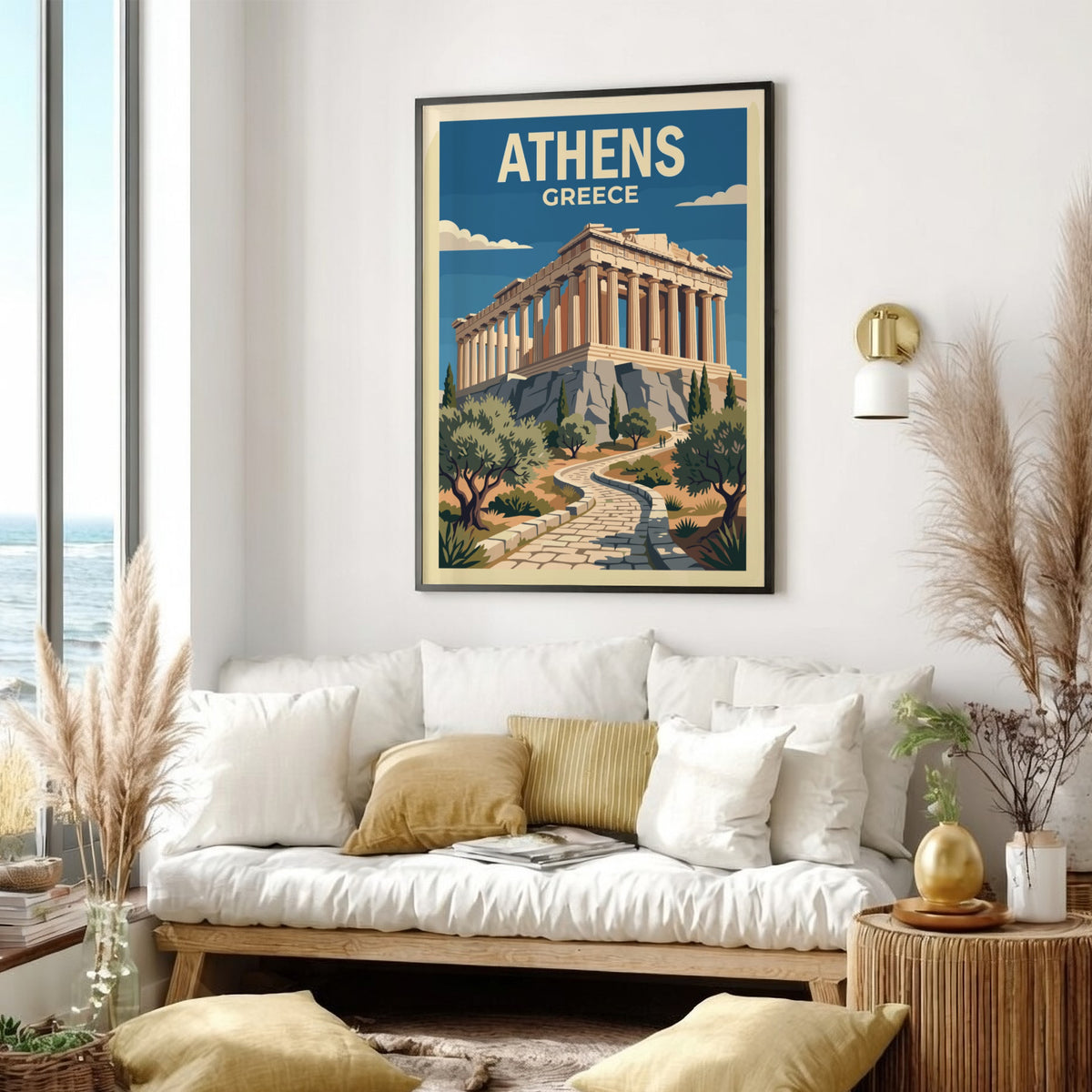 Travel poster of the Parthenon in Athens featuring stone columns and olive trees.