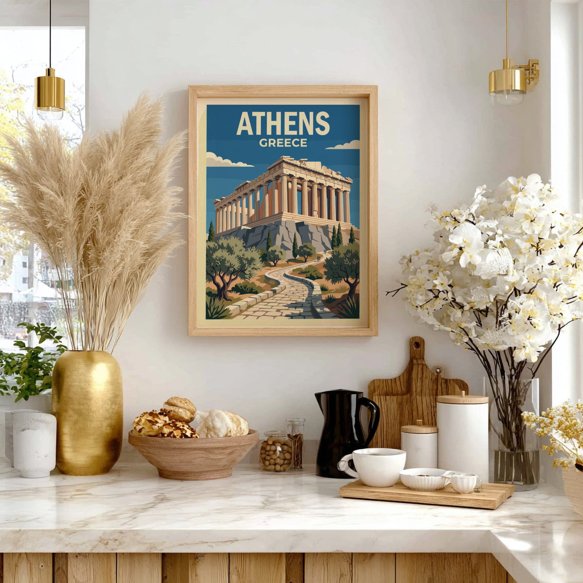 Travel poster of the Parthenon in Athens featuring stone columns and olive trees.