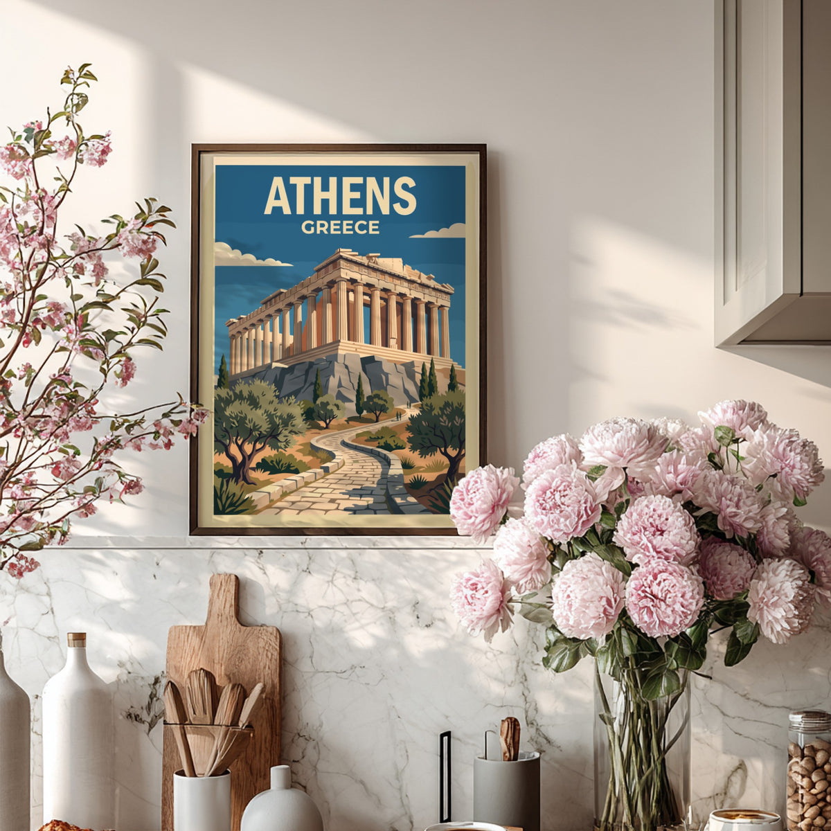 Travel poster of the Parthenon in Athens featuring stone columns and olive trees.