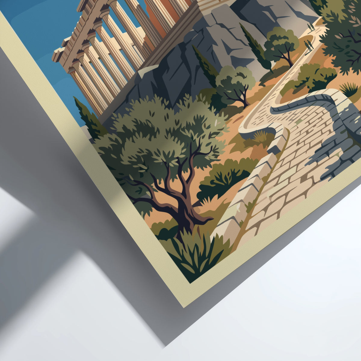 Travel poster of the Parthenon in Athens featuring stone columns and olive trees.