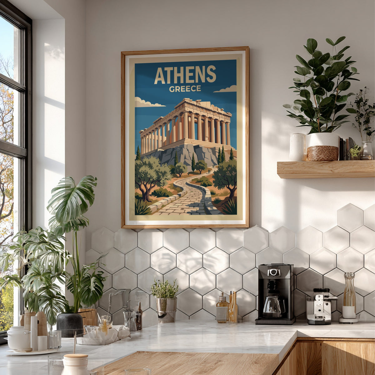 Travel poster of the Parthenon in Athens featuring stone columns and olive trees.