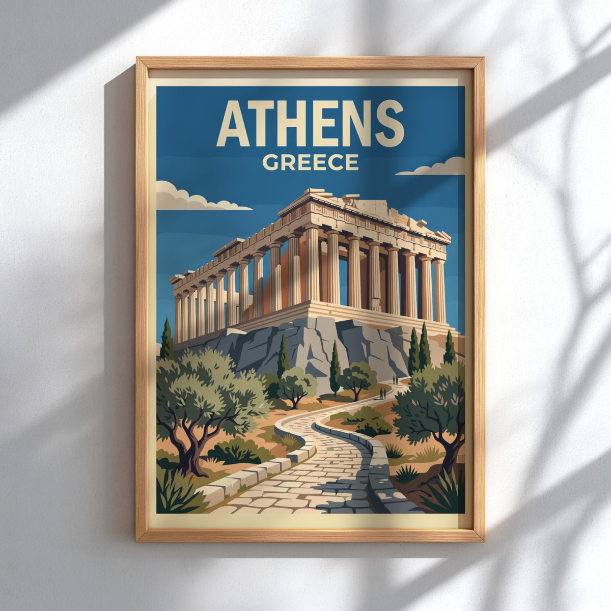 Travel poster of the Parthenon in Athens featuring stone columns and olive trees.
