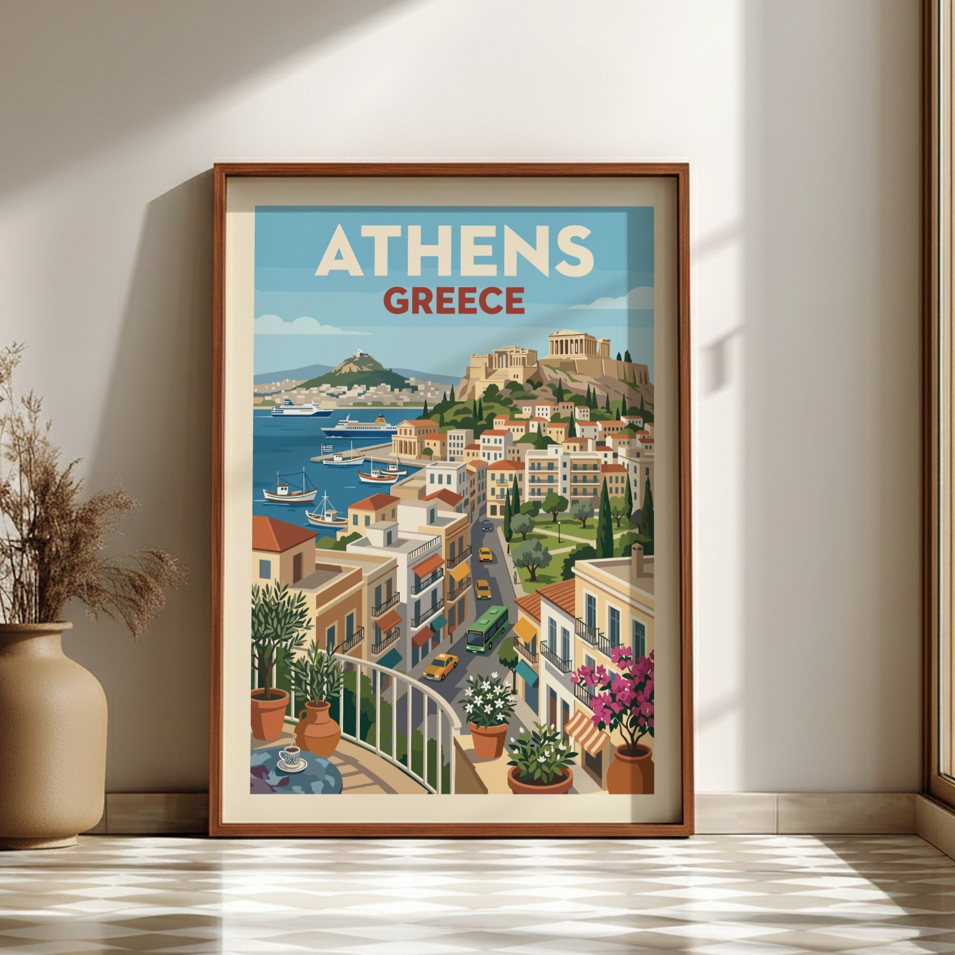 Vintage travel poster of Athens, Greece, showcasing the Acropolis and a vibrant cityscape with a harbor.