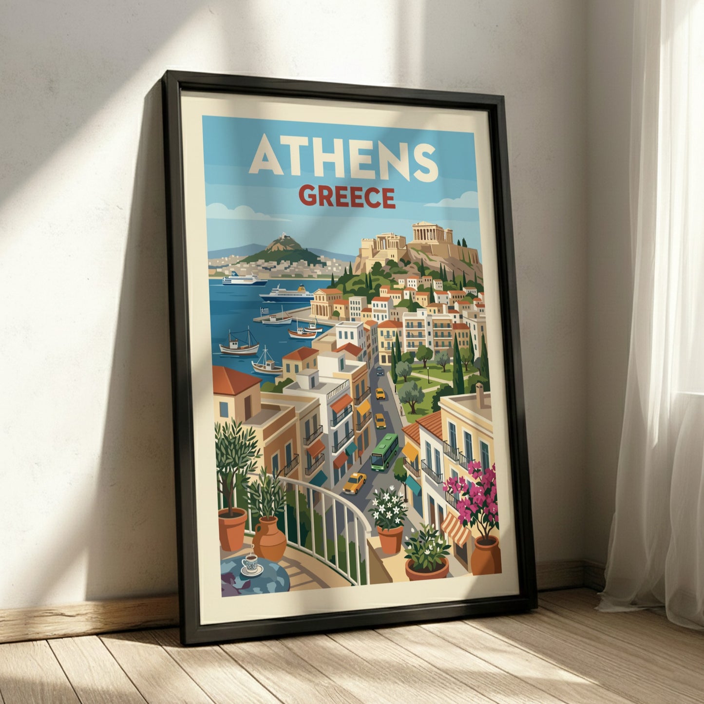 Vintage travel poster of Athens, Greece, showcasing the Acropolis and a vibrant cityscape with a harbor.