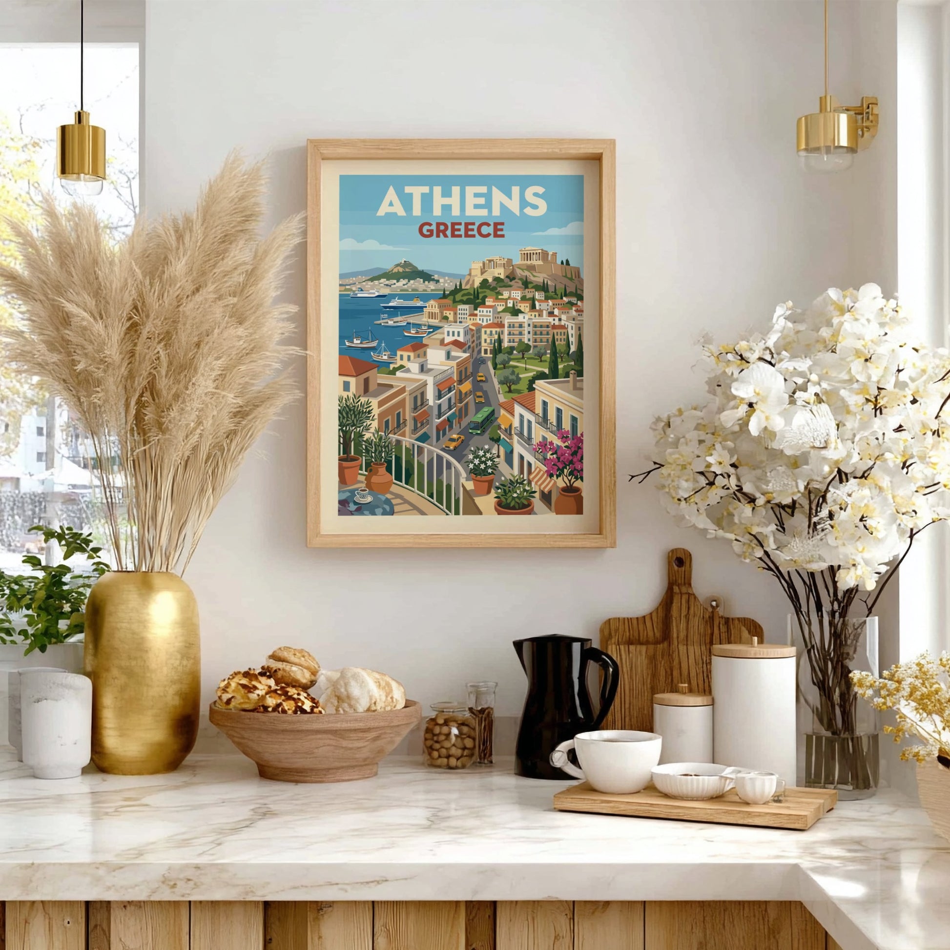 Vintage travel poster of Athens, Greece, showcasing the Acropolis and a vibrant cityscape with a harbor.