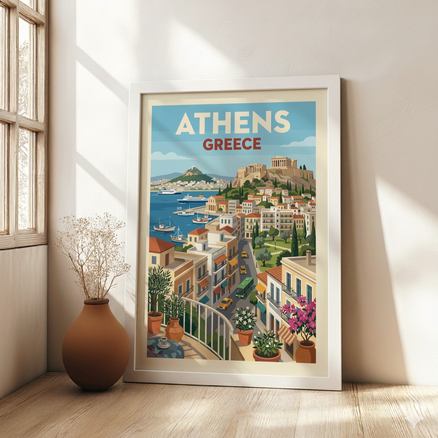 Vintage travel poster of Athens, Greece, showcasing the Acropolis and a vibrant cityscape with a harbor.