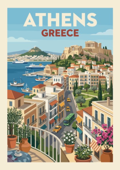 Vintage travel poster of Athens, Greece, showcasing the Acropolis and a vibrant cityscape with a harbor.