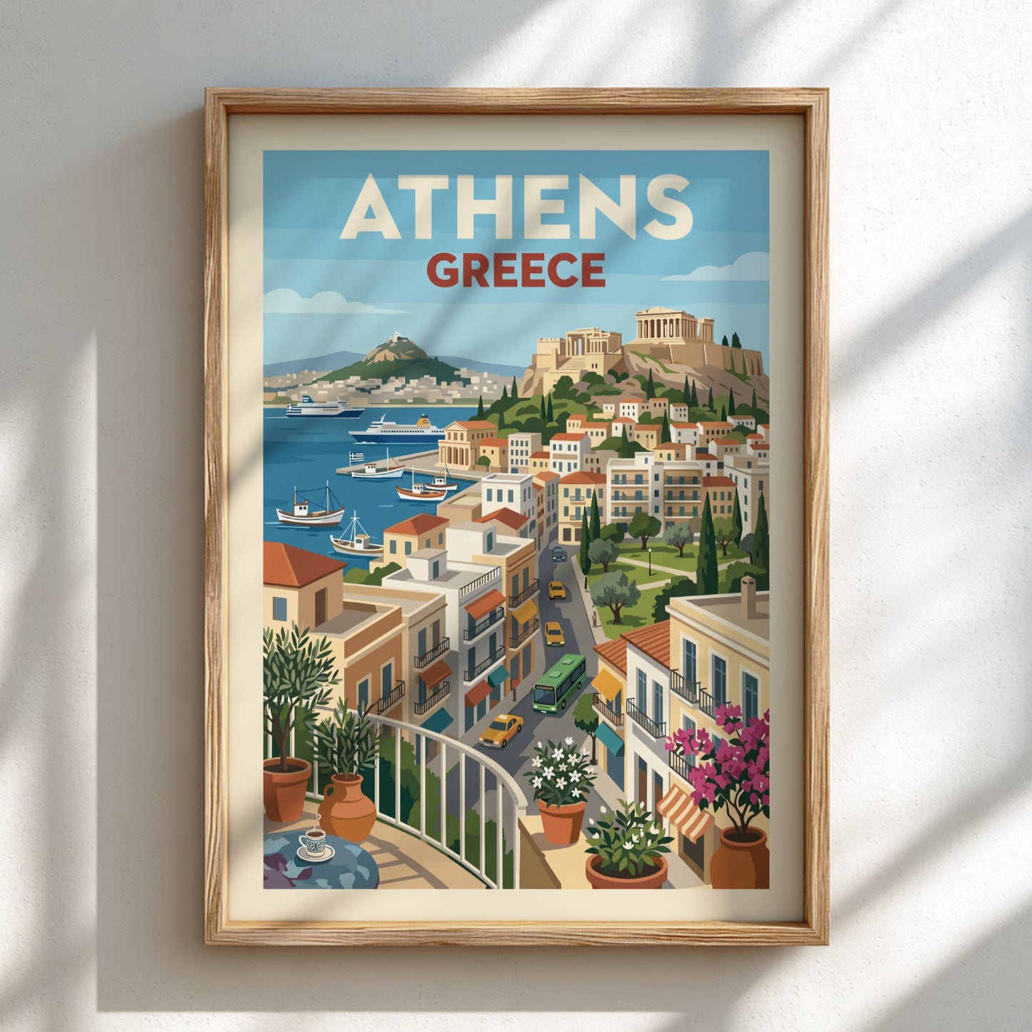 Vintage travel poster of Athens, Greece, showcasing the Acropolis and a vibrant cityscape with a harbor.