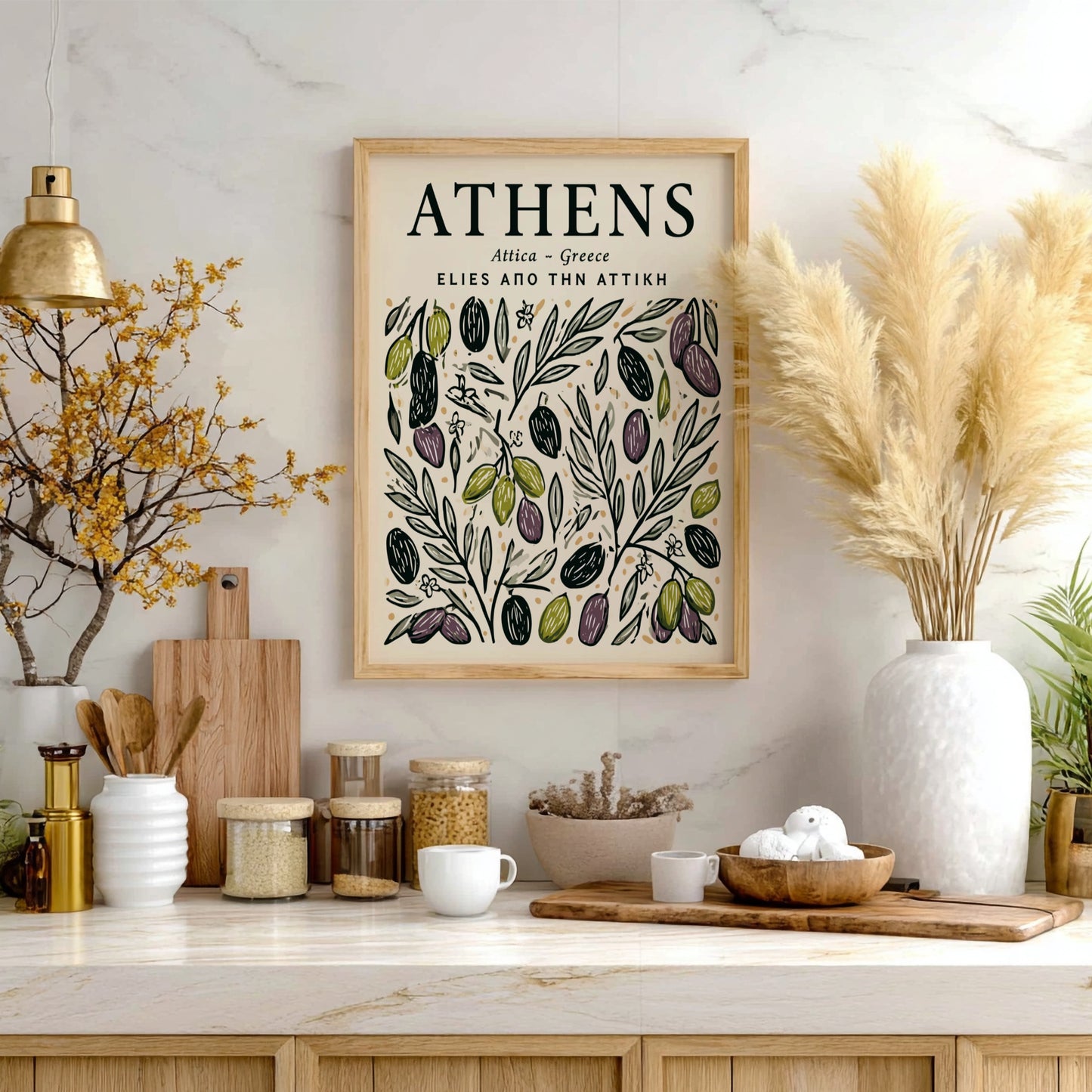 Kitchen poster featuring olive branches in earthy tones, perfect for Mediterranean decor.