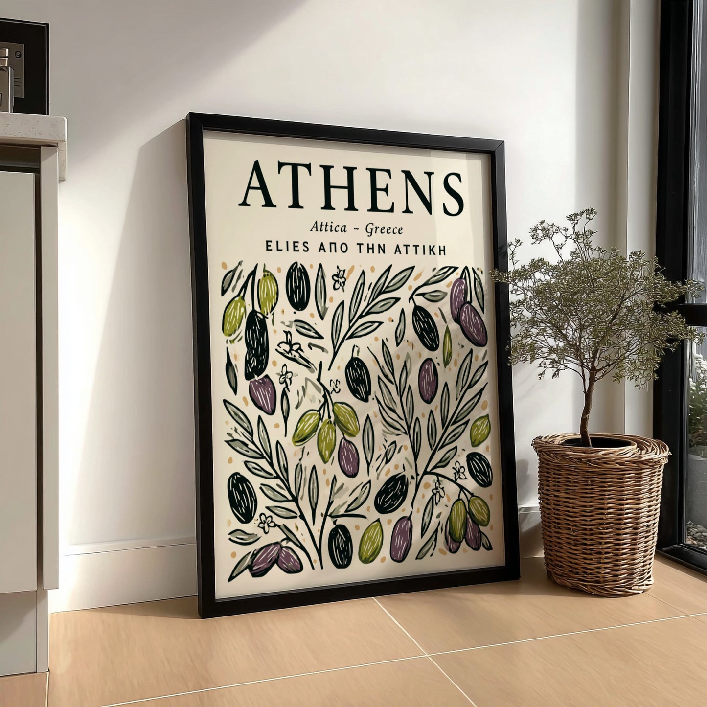 Kitchen poster featuring olive branches in earthy tones, perfect for Mediterranean decor.