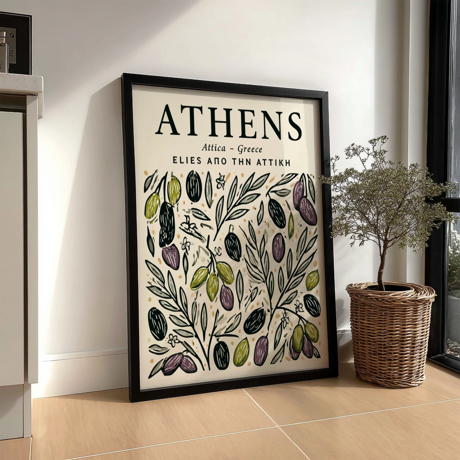 Kitchen poster featuring olive branches in earthy tones, perfect for Mediterranean decor.