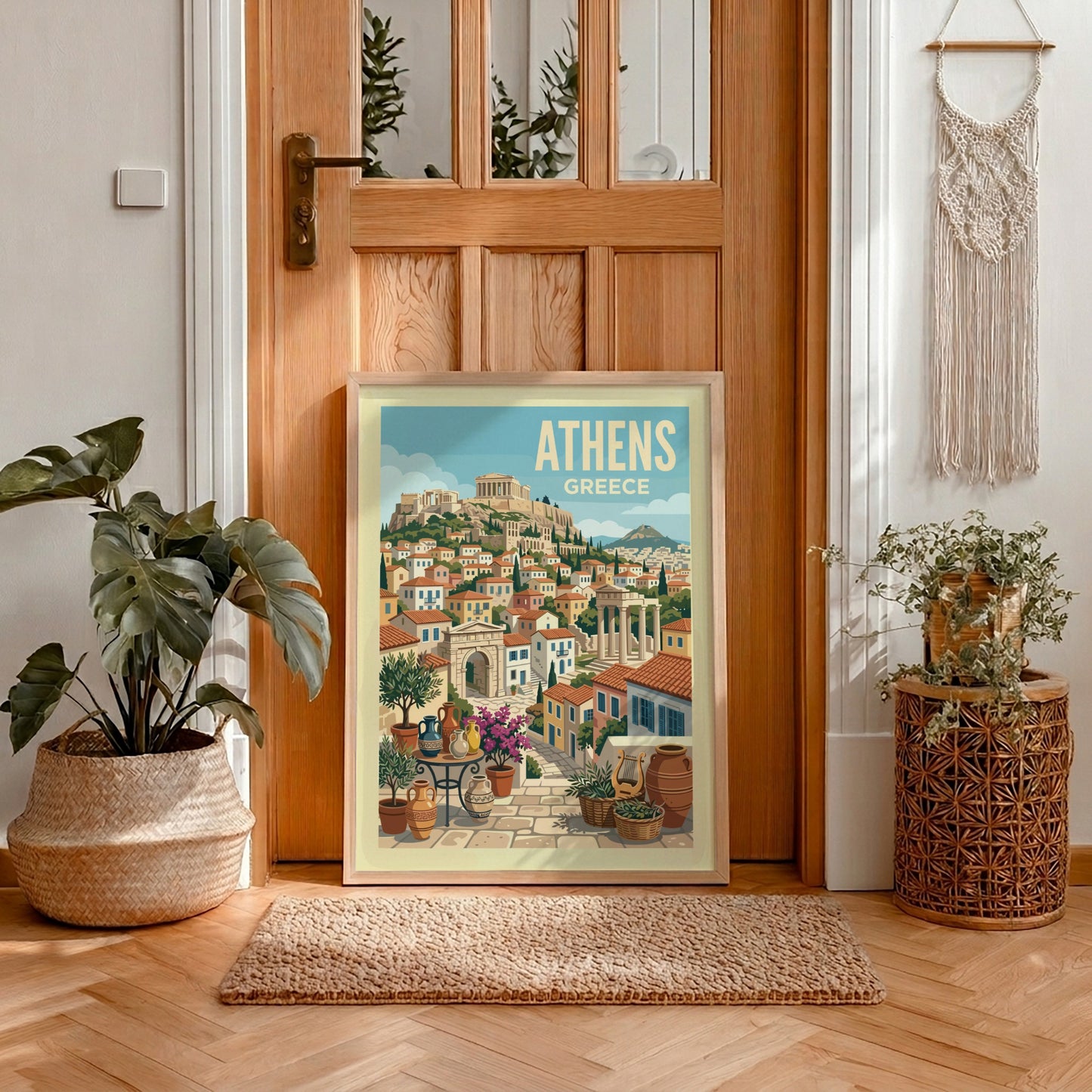 Vintage Athens travel poster illustration of the Acropolis and Greek cityscape in warm, retro colors.