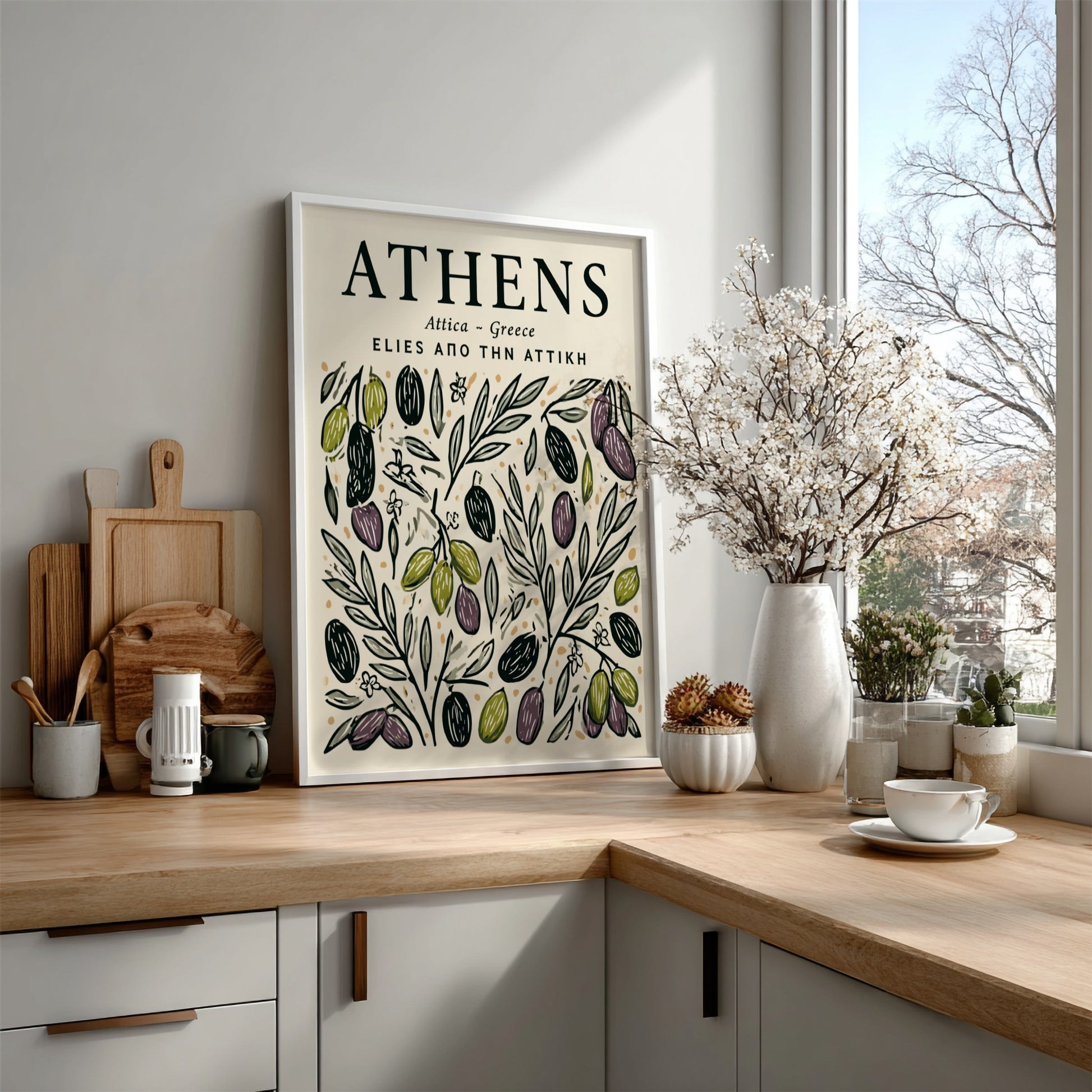 Kitchen poster featuring olive branches in earthy tones, perfect for Mediterranean decor.