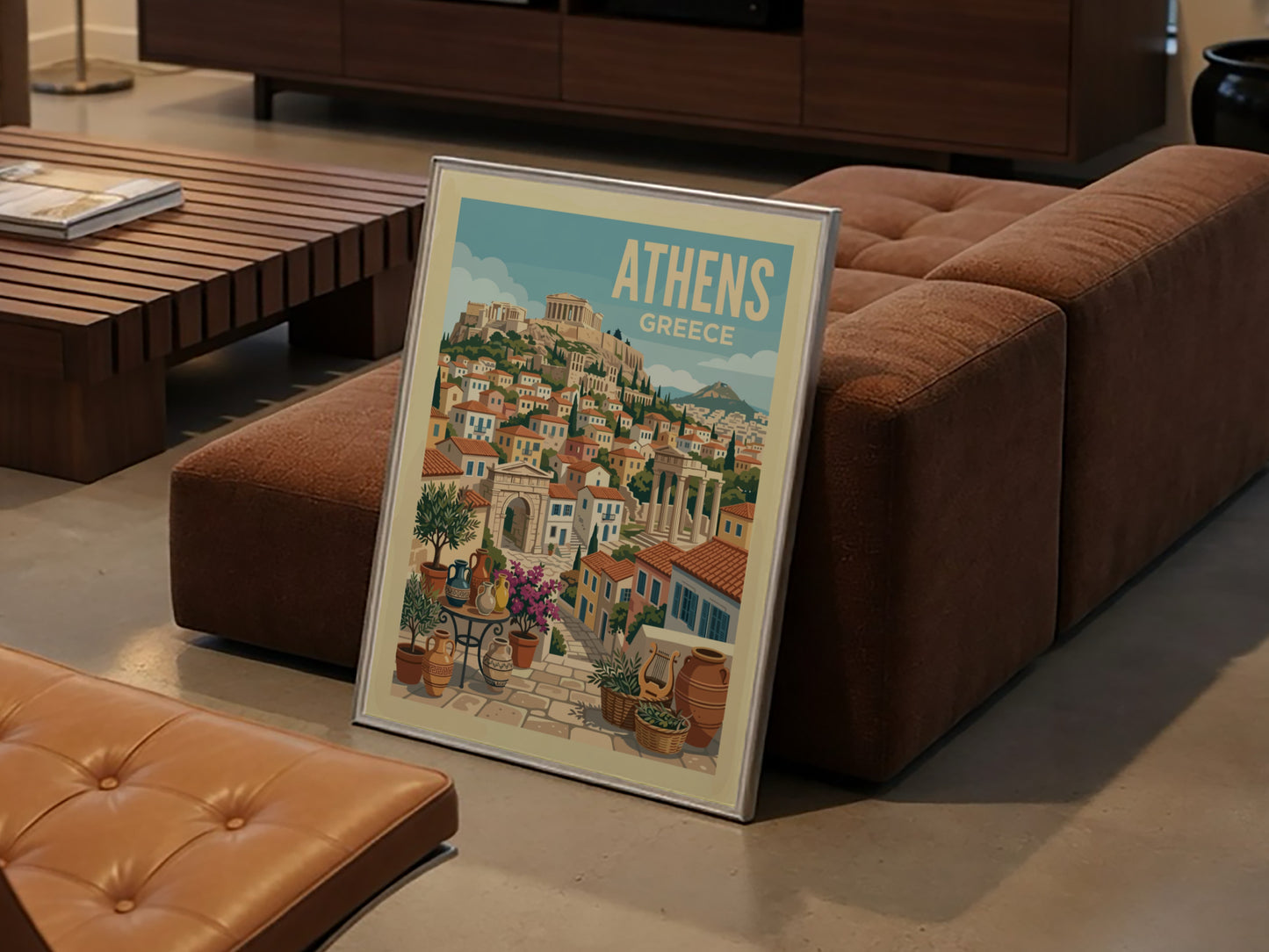 Vintage Athens travel poster illustration of the Acropolis and Greek cityscape in warm, retro colors.