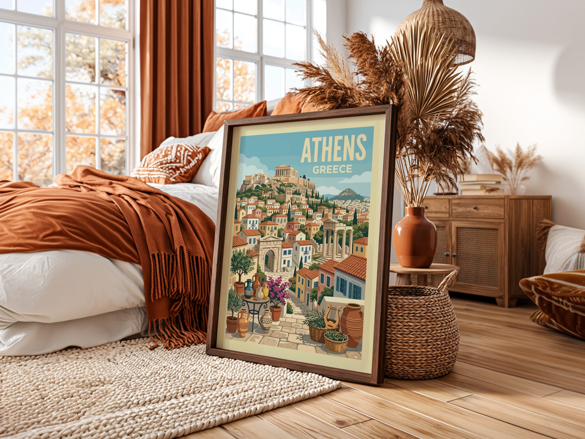 Vintage Athens travel poster illustration of the Acropolis and Greek cityscape in warm, retro colors.