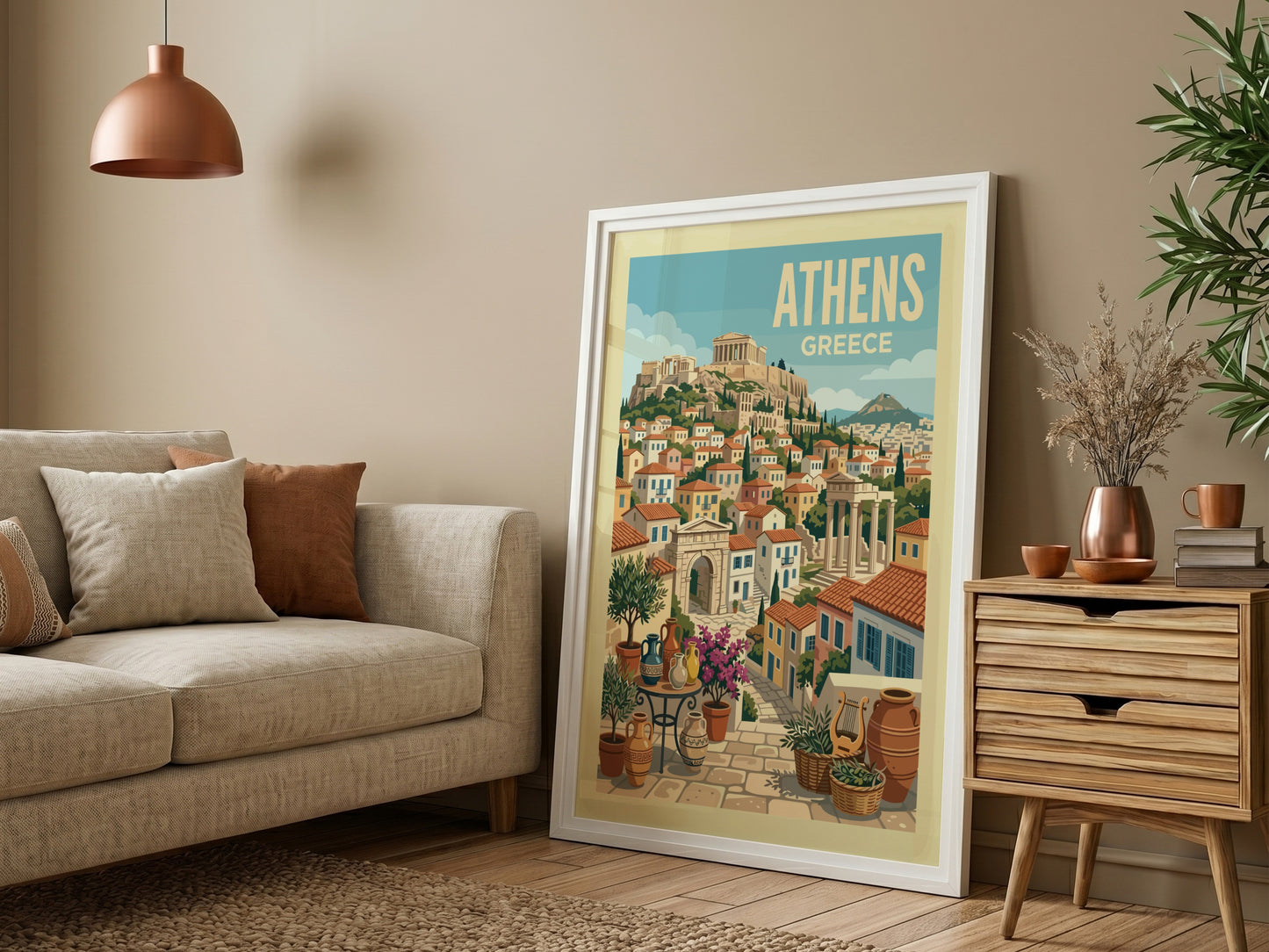 Vintage Athens travel poster illustration of the Acropolis and Greek cityscape in warm, retro colors.