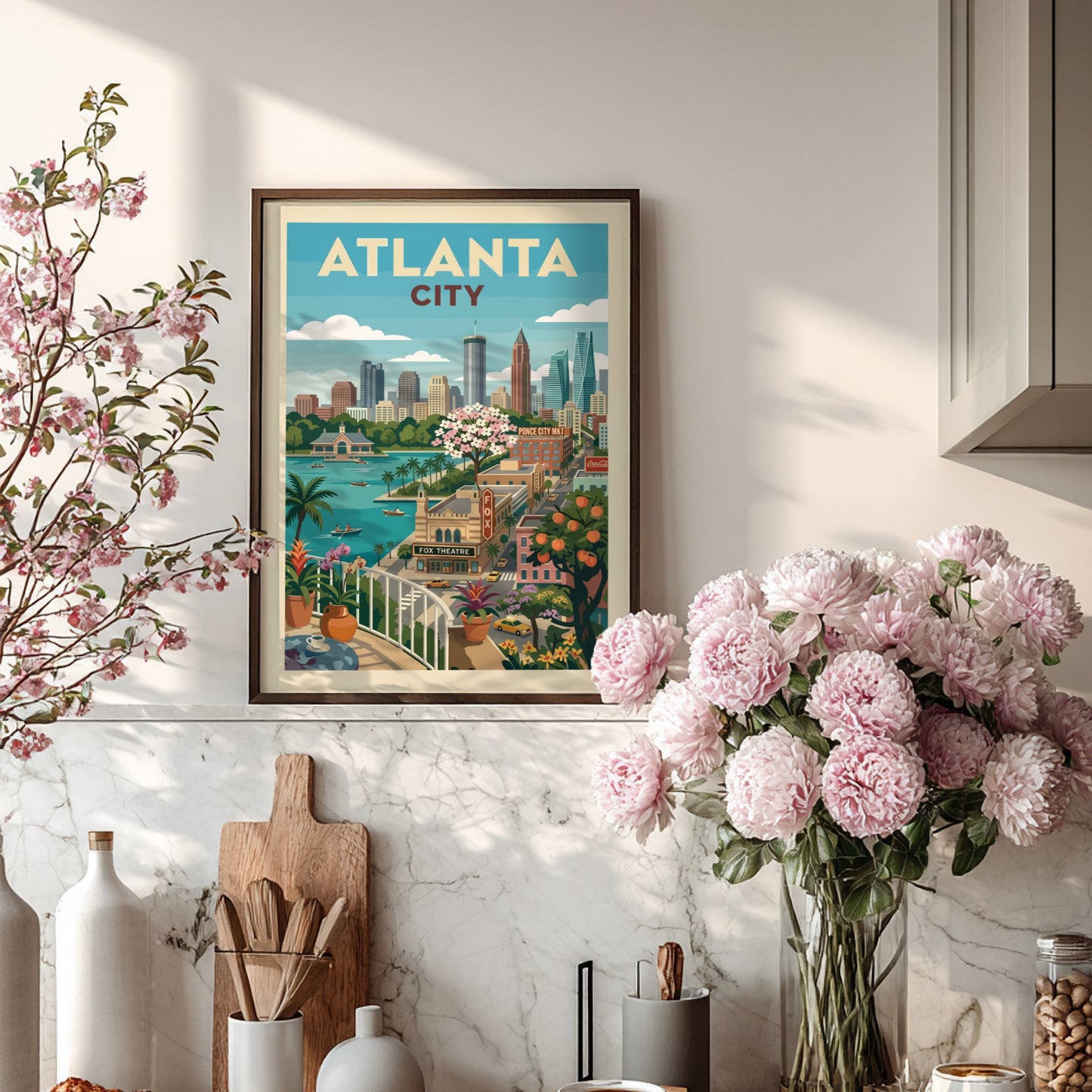 Retro illustration of Atlanta city skyline with Fox Theatre and Ponce City Market, vintage travel poster.