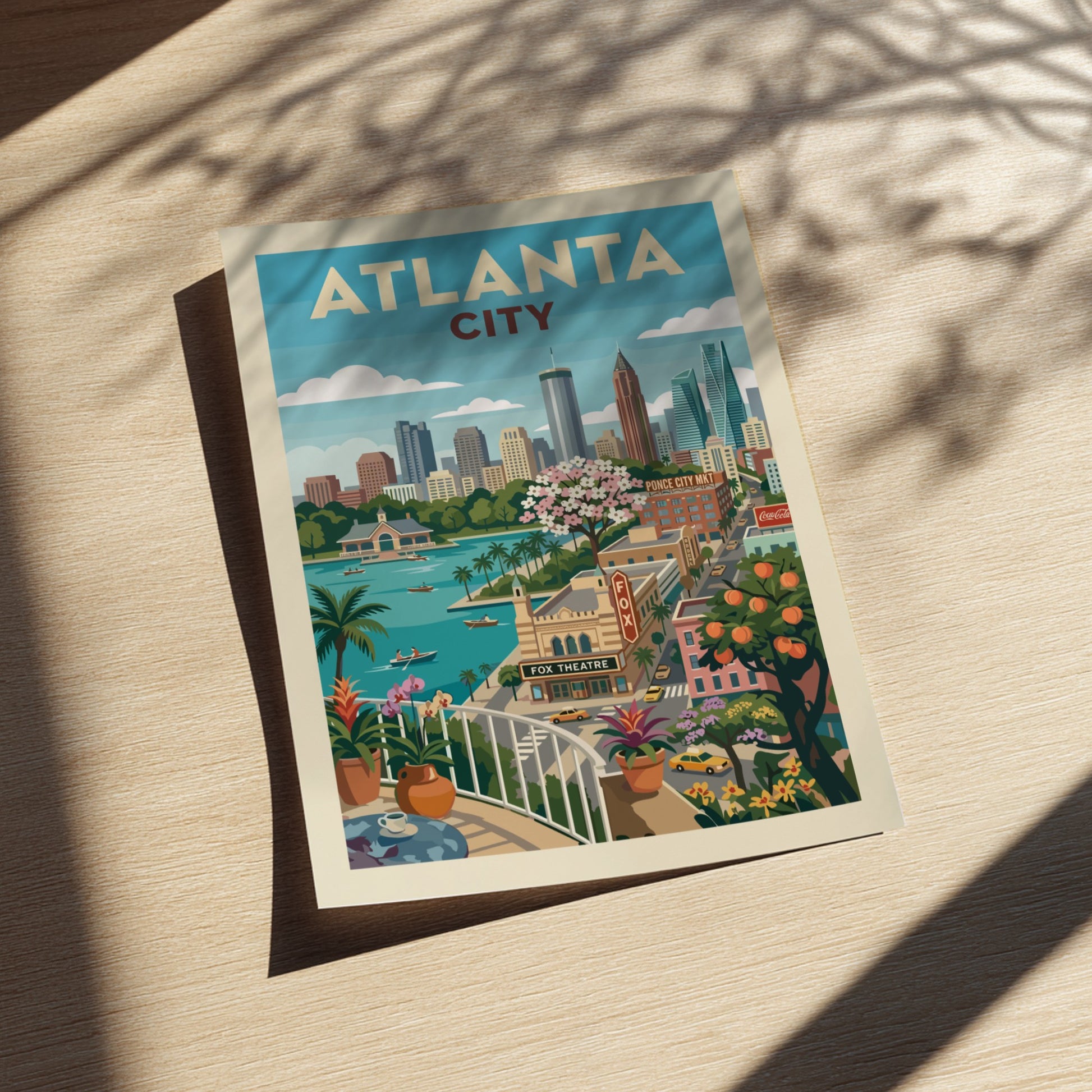 Retro illustration of Atlanta city skyline with Fox Theatre and Ponce City Market, vintage travel poster.