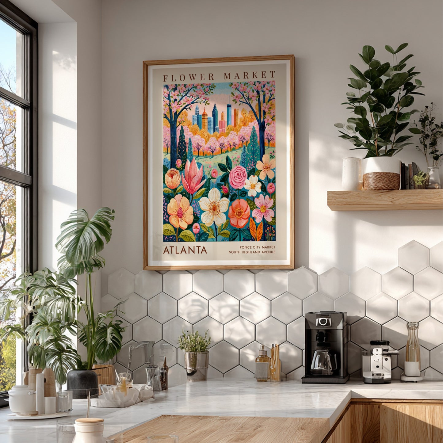 Flower market poster showcasing vibrant flowers and Atlanta skyline in a botanical style