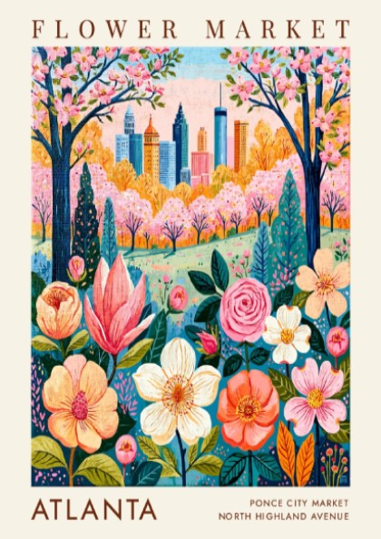 Flower market poster showcasing vibrant flowers and Atlanta skyline in a botanical style