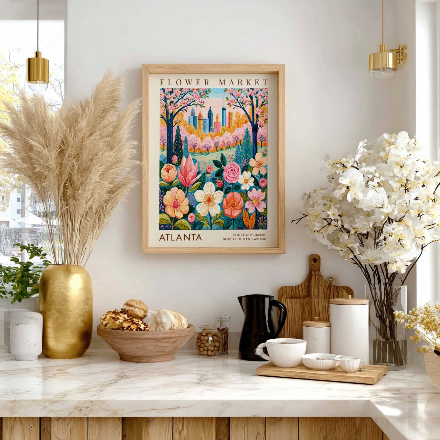 Flower market poster showcasing vibrant flowers and Atlanta skyline in a botanical style