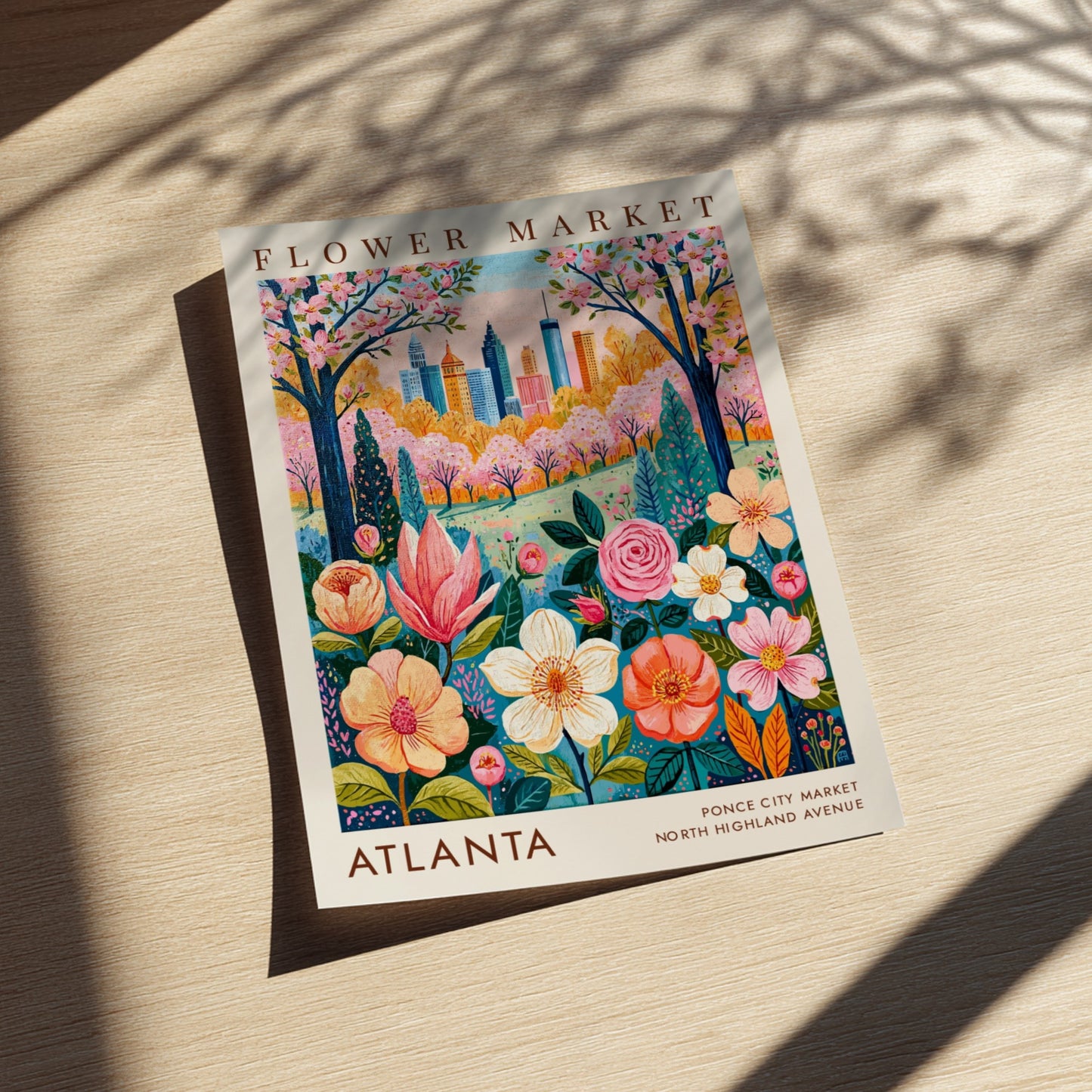 Flower market poster showcasing vibrant flowers and Atlanta skyline in a botanical style