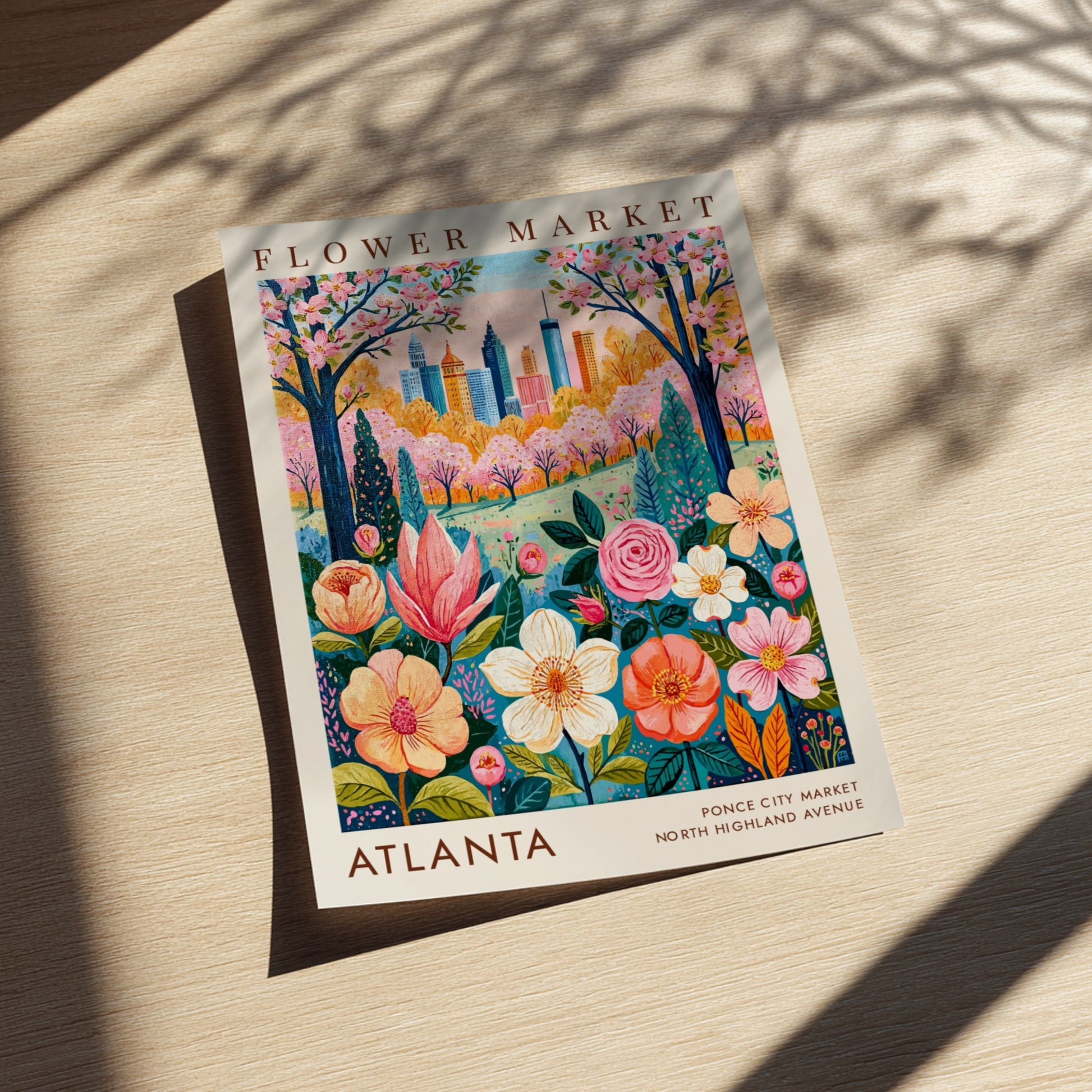 Flower market poster showcasing vibrant flowers and Atlanta skyline in a botanical style