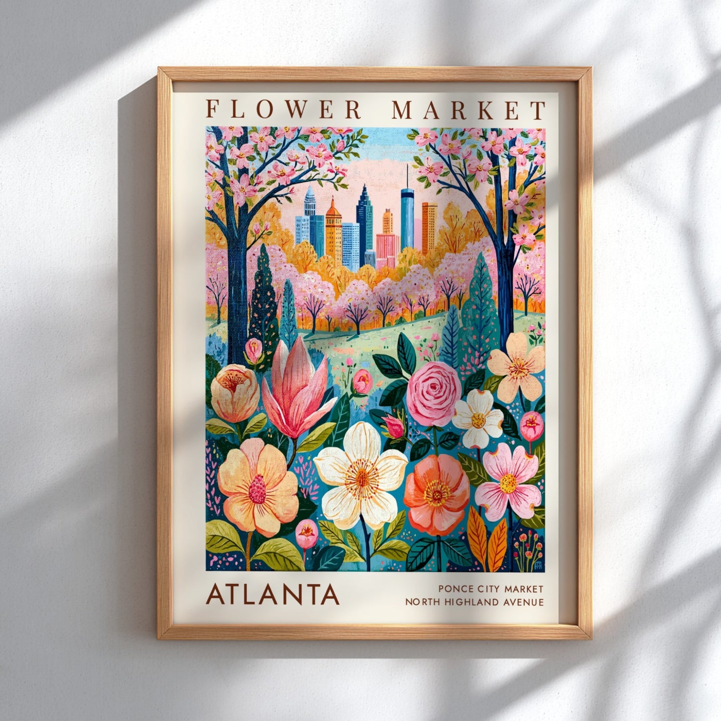 Flower market poster showcasing vibrant flowers and Atlanta skyline in a botanical style