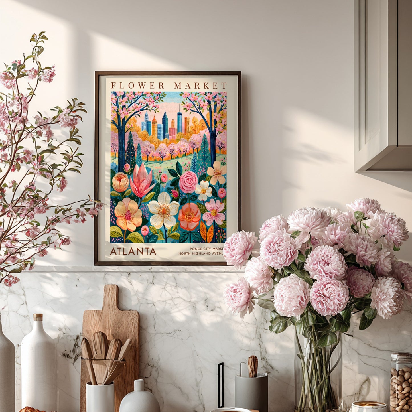 Flower market poster showcasing vibrant flowers and Atlanta skyline in a botanical style