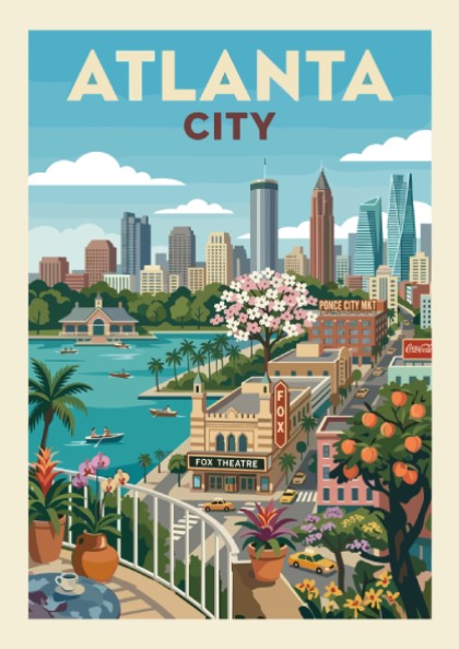 Retro illustration of Atlanta city skyline with Fox Theatre and Ponce City Market, vintage travel poster.