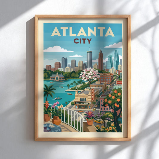 Retro illustration of Atlanta city skyline with Fox Theatre and Ponce City Market, vintage travel poster.