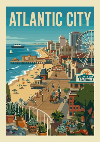 Vintage illustration of Atlantic City Boardwalk with Ferris wheel and beach scene, coastal travel art.