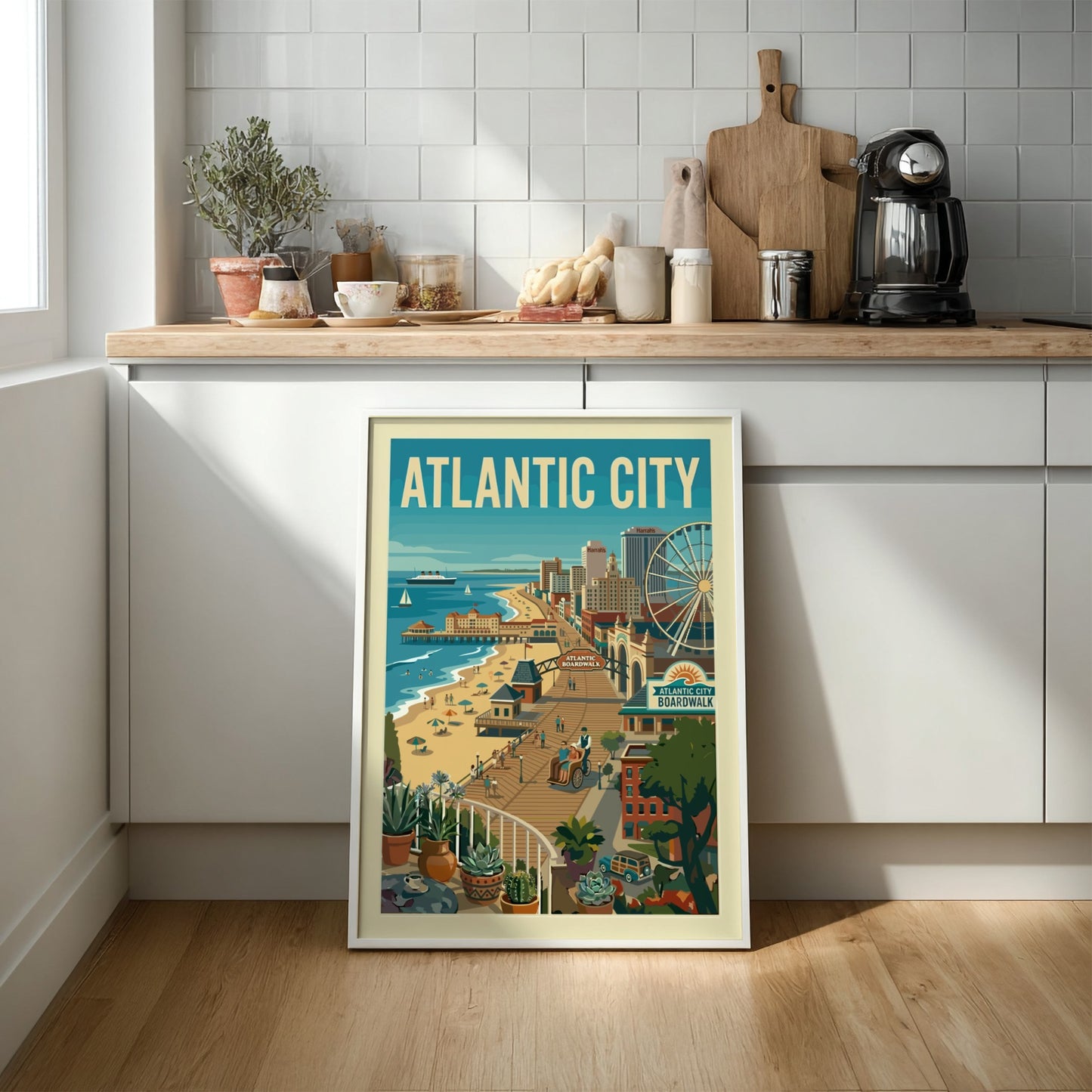 Vintage illustration of Atlantic City Boardwalk with Ferris wheel and beach scene, coastal travel art.