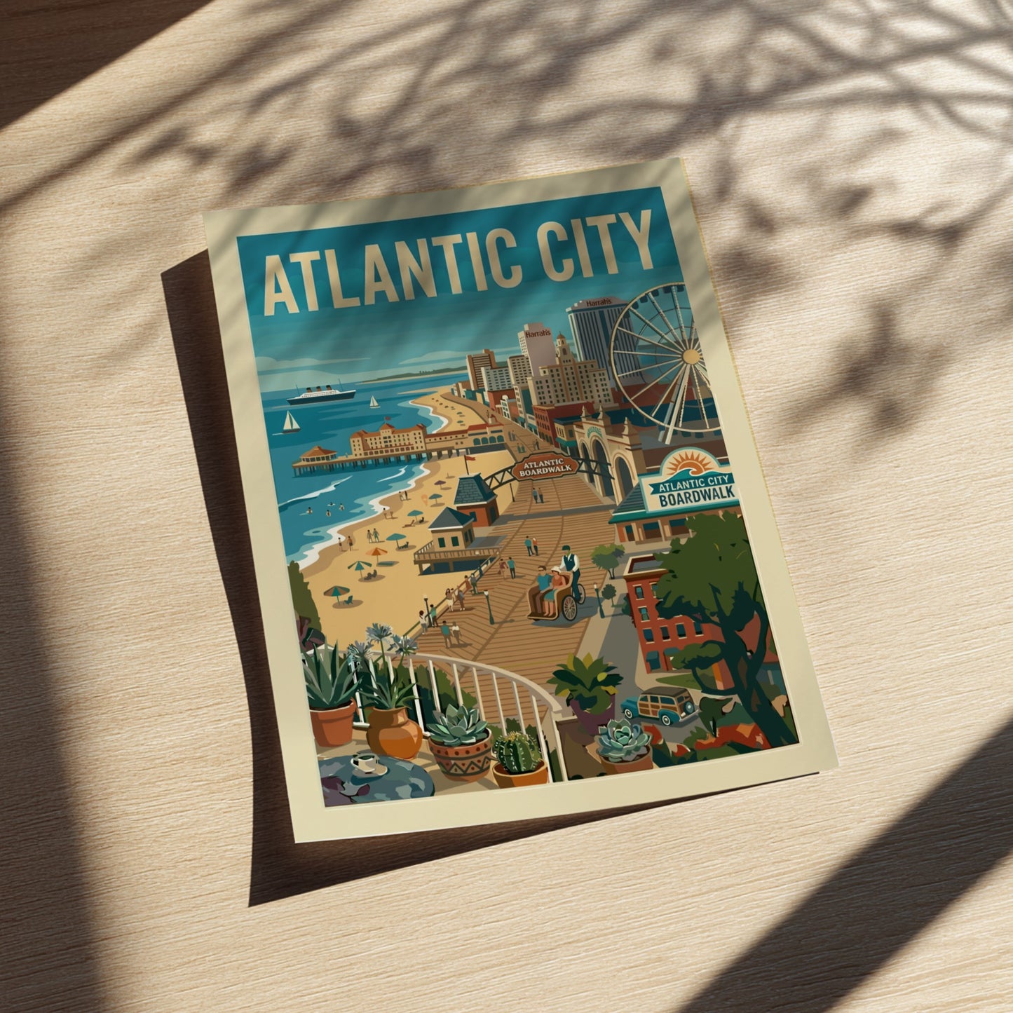 Vintage illustration of Atlantic City Boardwalk with Ferris wheel and beach scene, coastal travel art.