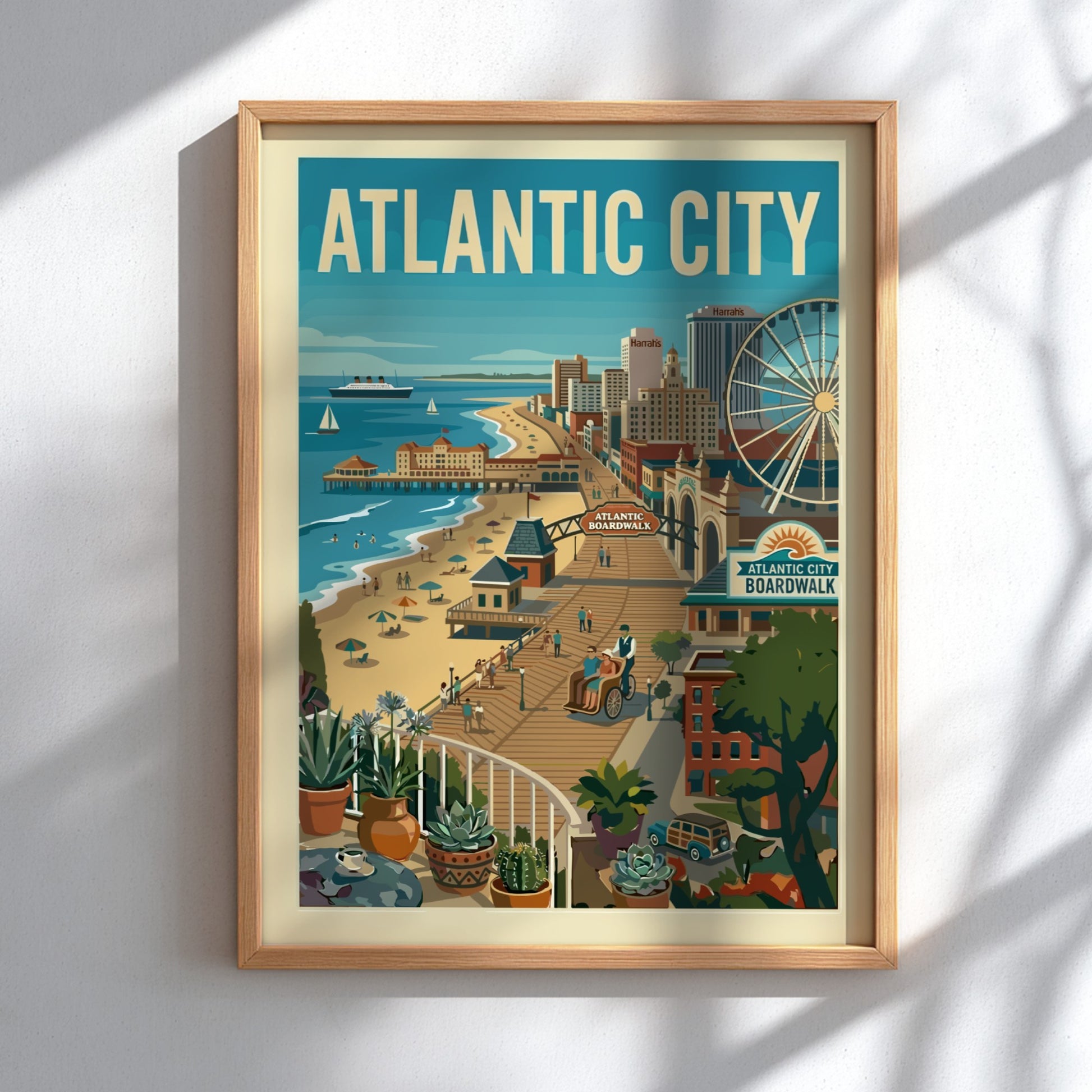 Vintage illustration of Atlantic City Boardwalk with Ferris wheel and beach scene, coastal travel art.