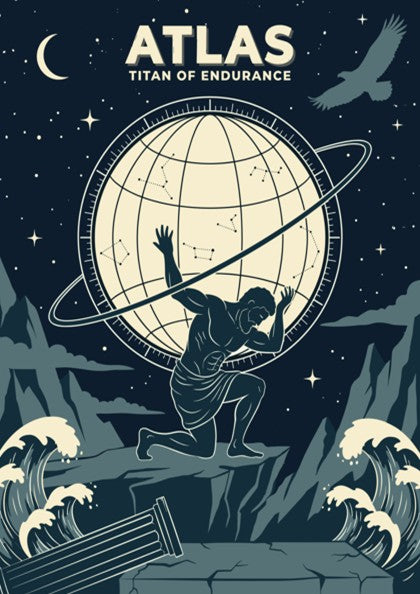Poster showing Atlas kneeling while holding a celestial sphere with constellations against navy background