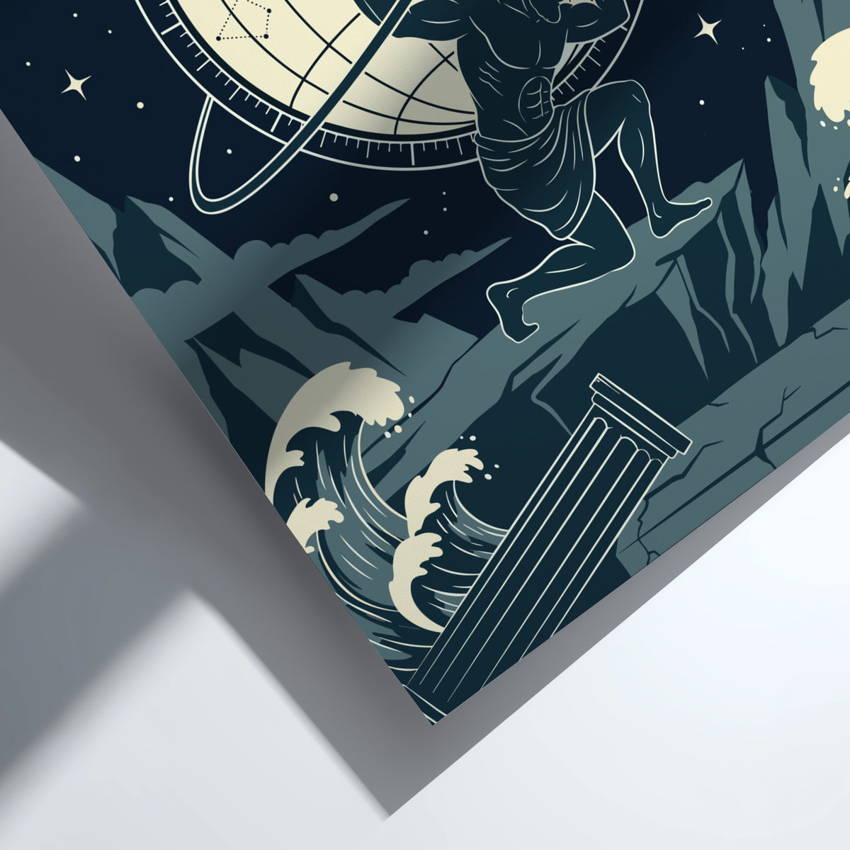 Poster showing Atlas kneeling while holding a celestial sphere with constellations against navy background