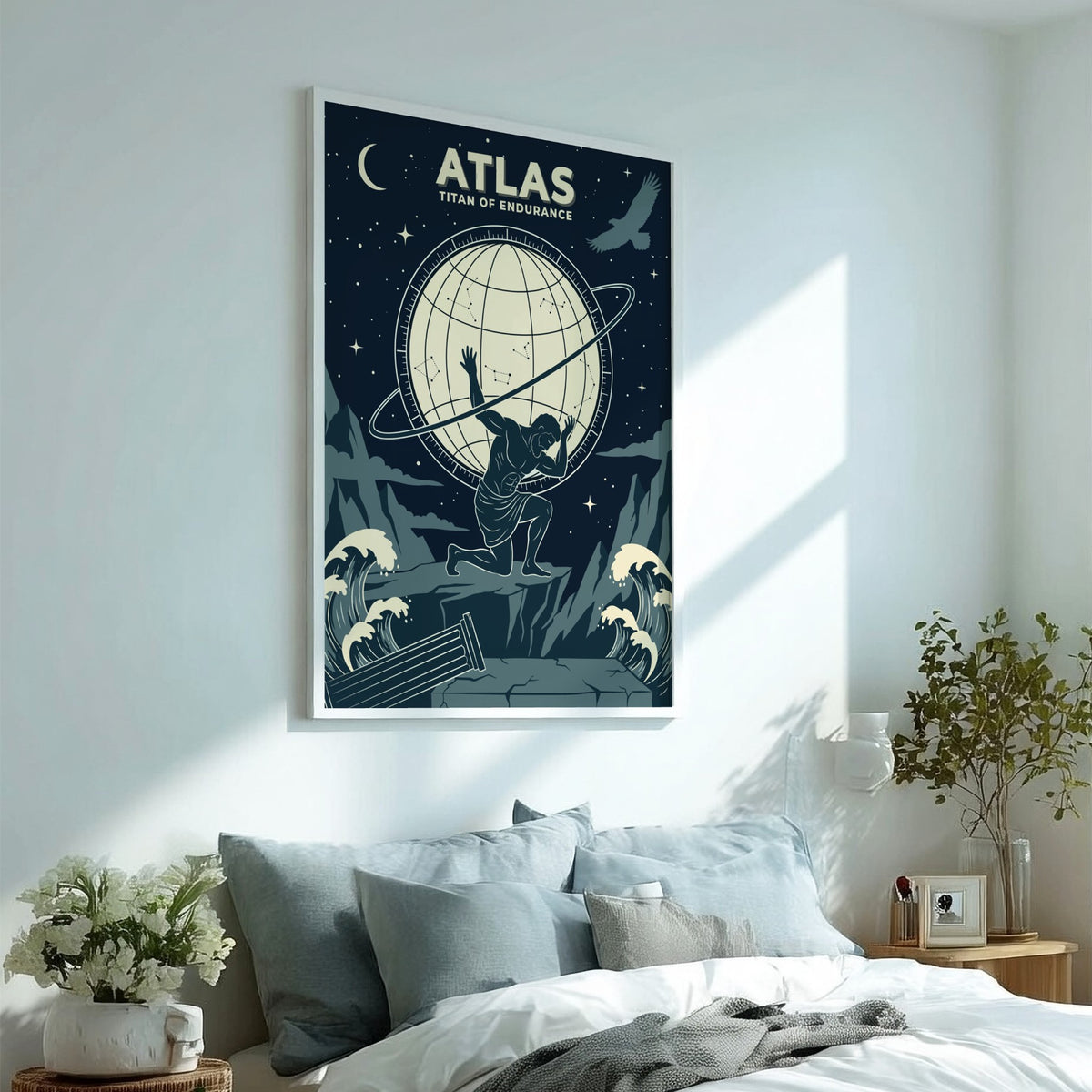 Poster showing Atlas kneeling while holding a celestial sphere with constellations against navy background