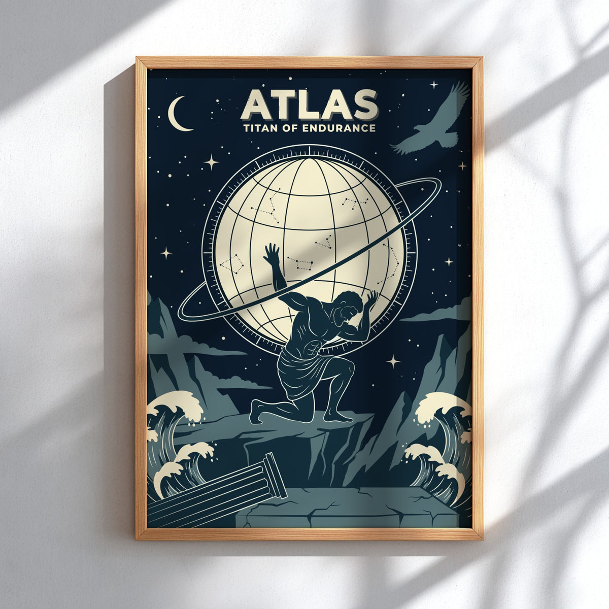 Poster showing Atlas kneeling while holding a celestial sphere with constellations against navy background