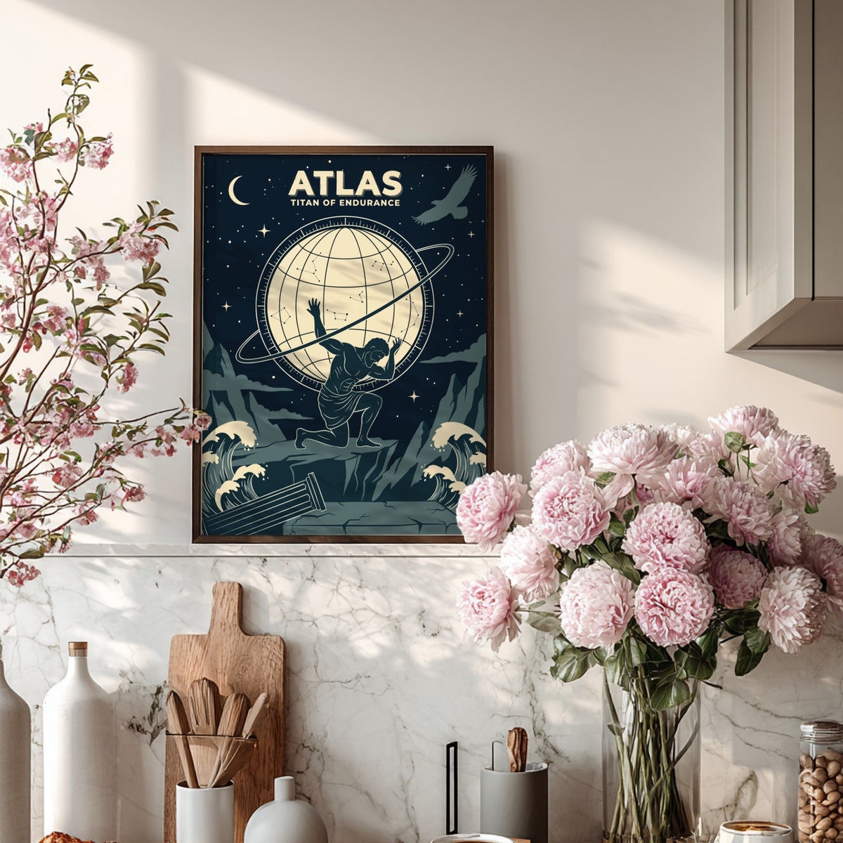 Poster showing Atlas kneeling while holding a celestial sphere with constellations against navy background
