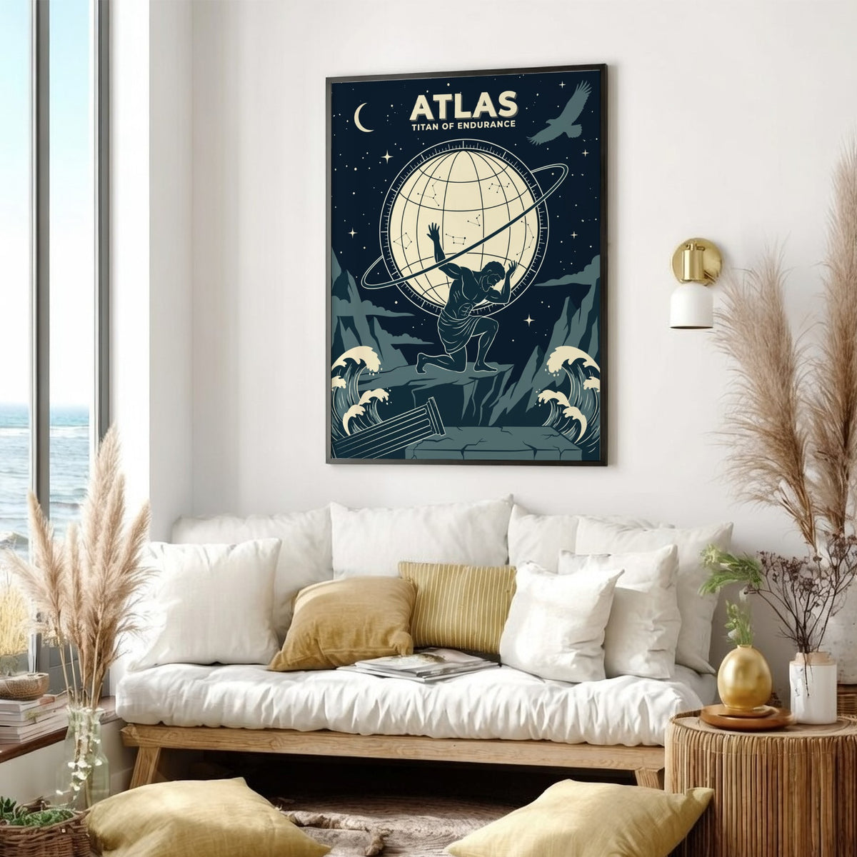 Poster showing Atlas kneeling while holding a celestial sphere with constellations against navy background