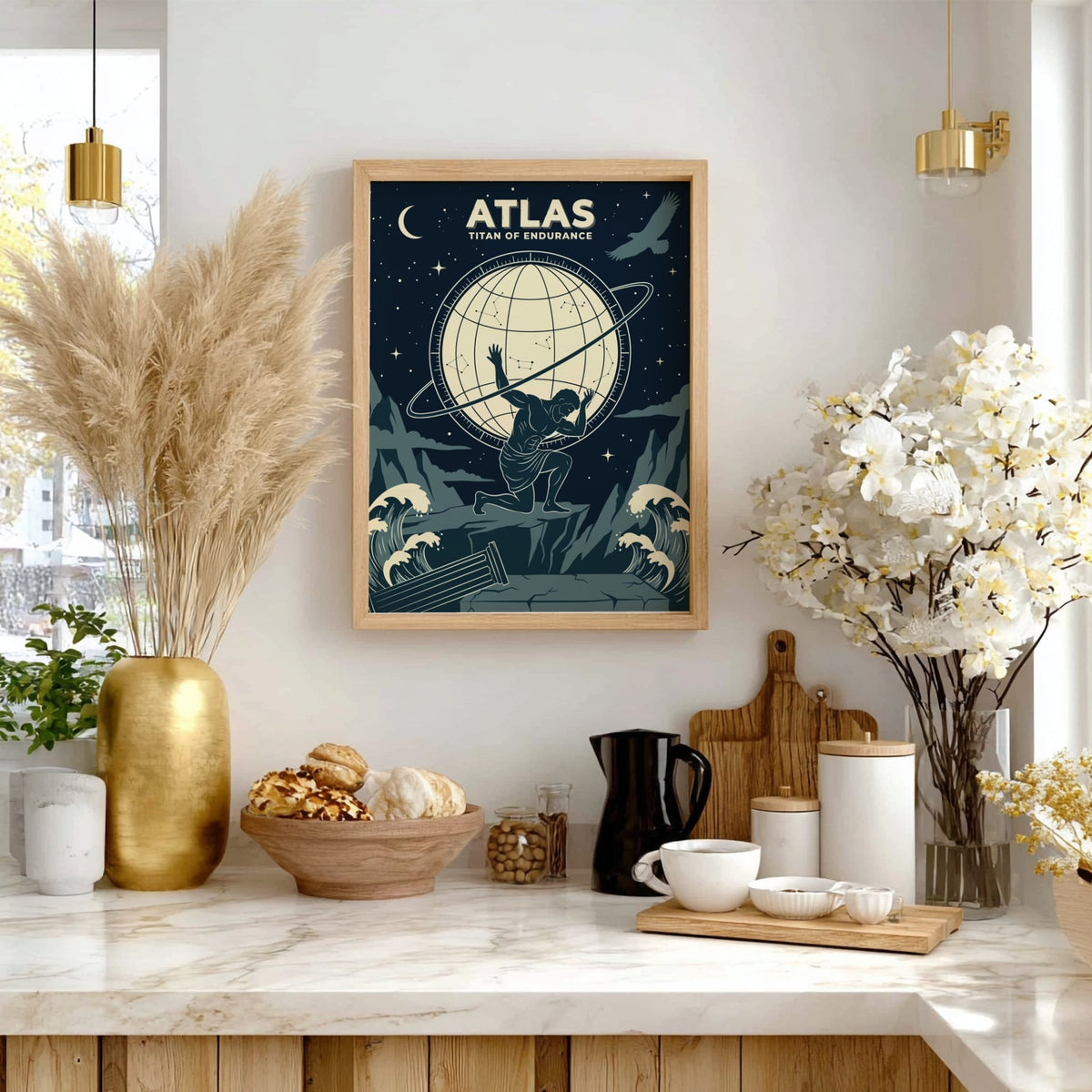 Poster showing Atlas kneeling while holding a celestial sphere with constellations against navy background