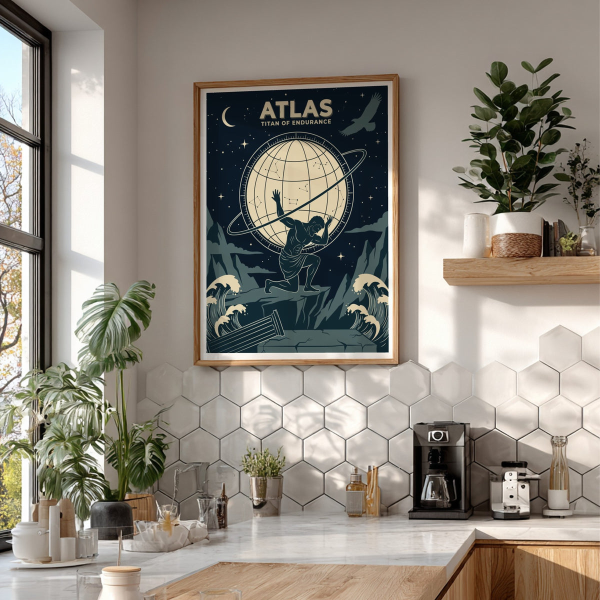 Poster showing Atlas kneeling while holding a celestial sphere with constellations against navy background