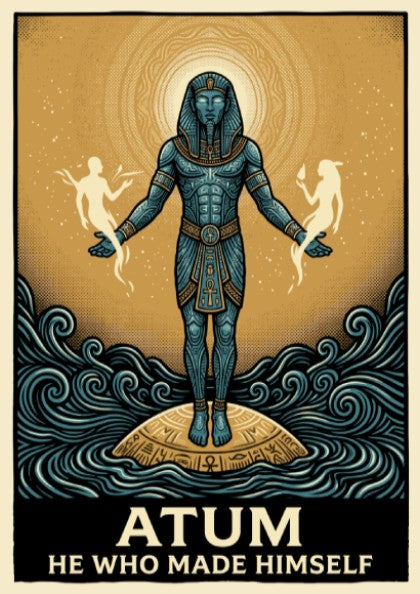 Poster featuring the Egyptian god Atum rising from dark waves in gold colors.