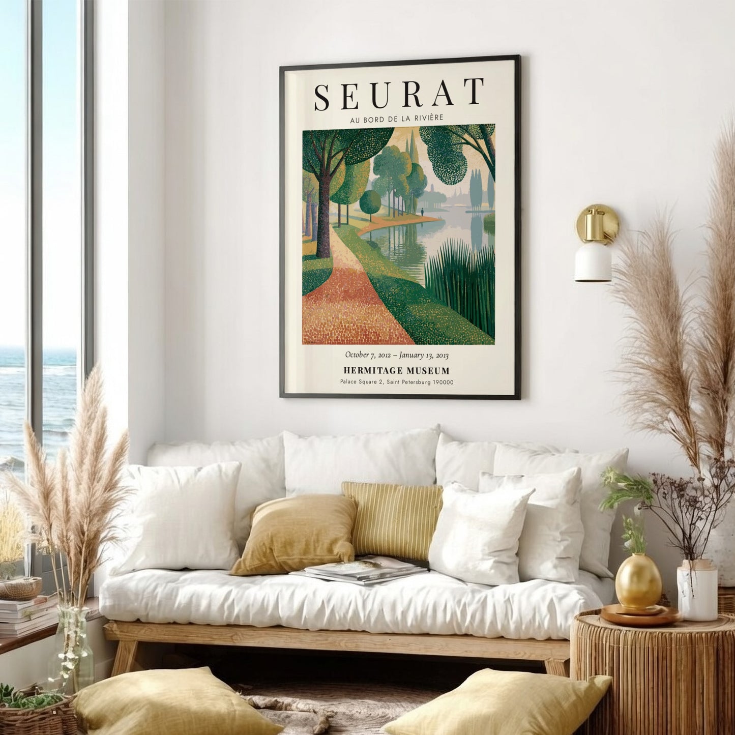 Exhibition poster featuring Au Bord de la Rivière by Seurat, showcasing a serene riverside scene with soft