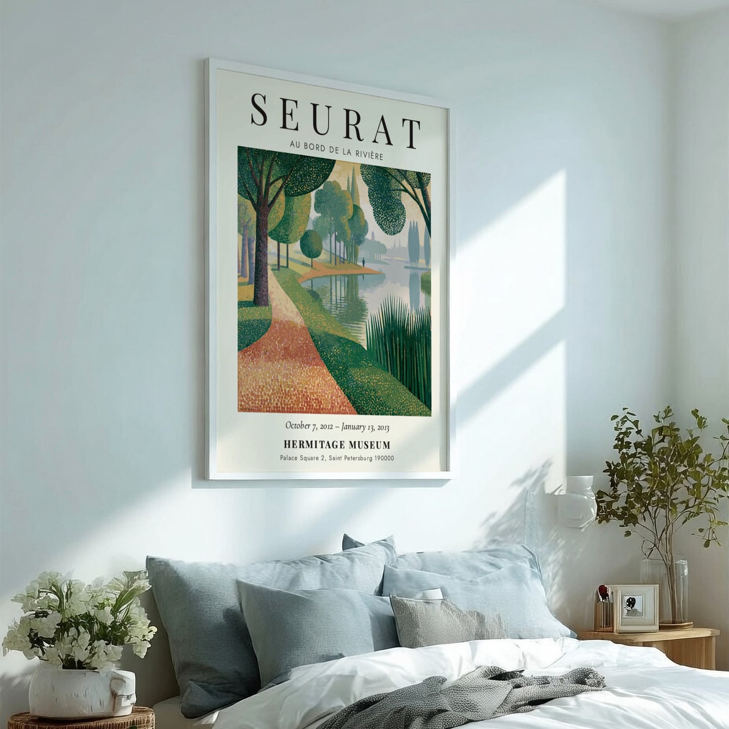 Exhibition poster featuring Au Bord de la Rivière by Seurat, showcasing a serene riverside scene with soft