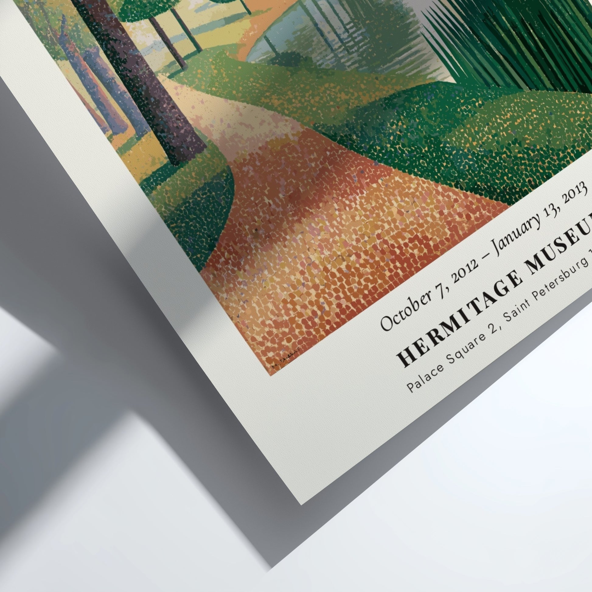 Exhibition poster featuring Au Bord de la Rivière by Seurat, showcasing a serene riverside scene with soft