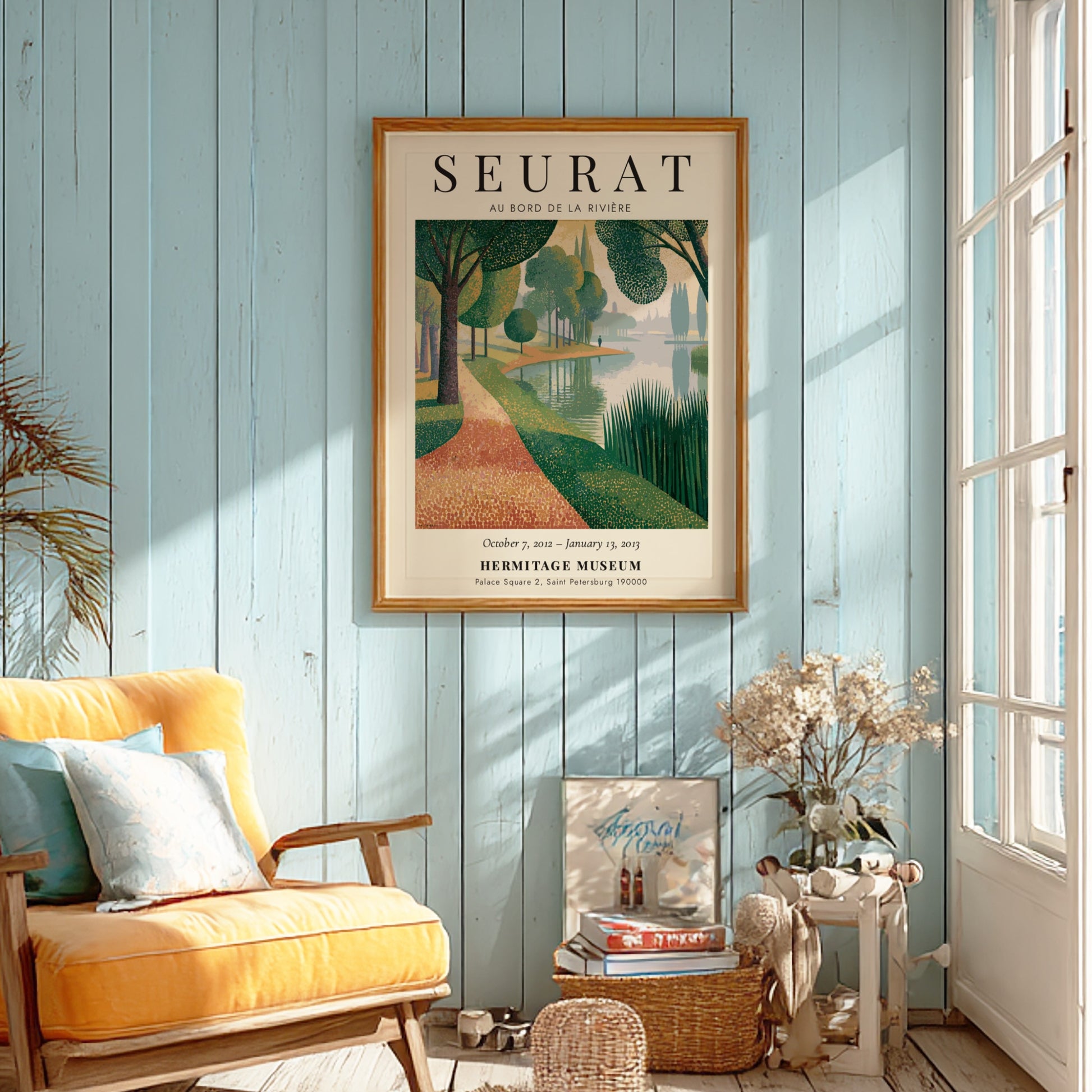 Exhibition poster featuring Au Bord de la Rivière by Seurat, showcasing a serene riverside scene with soft