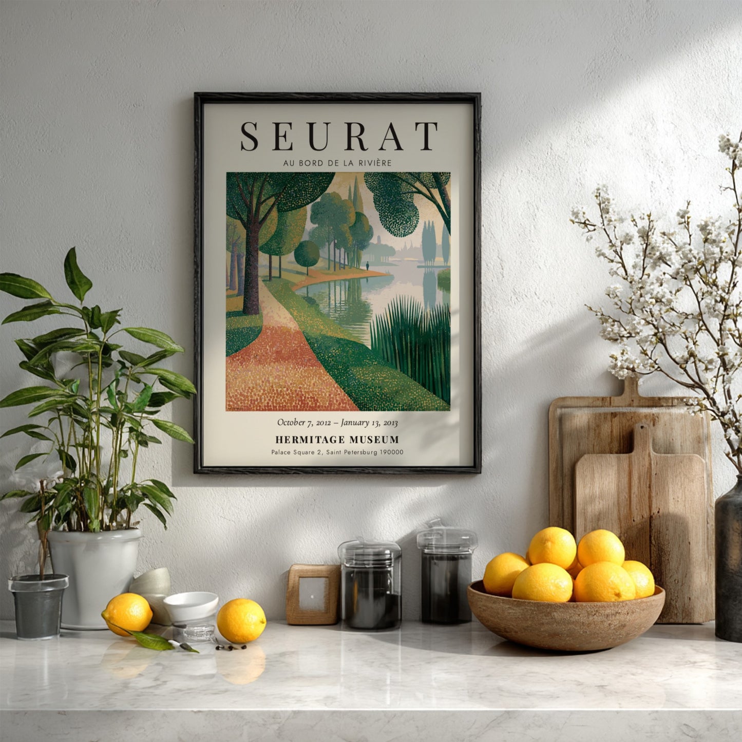Exhibition poster featuring Au Bord de la Rivière by Seurat, showcasing a serene riverside scene with soft
